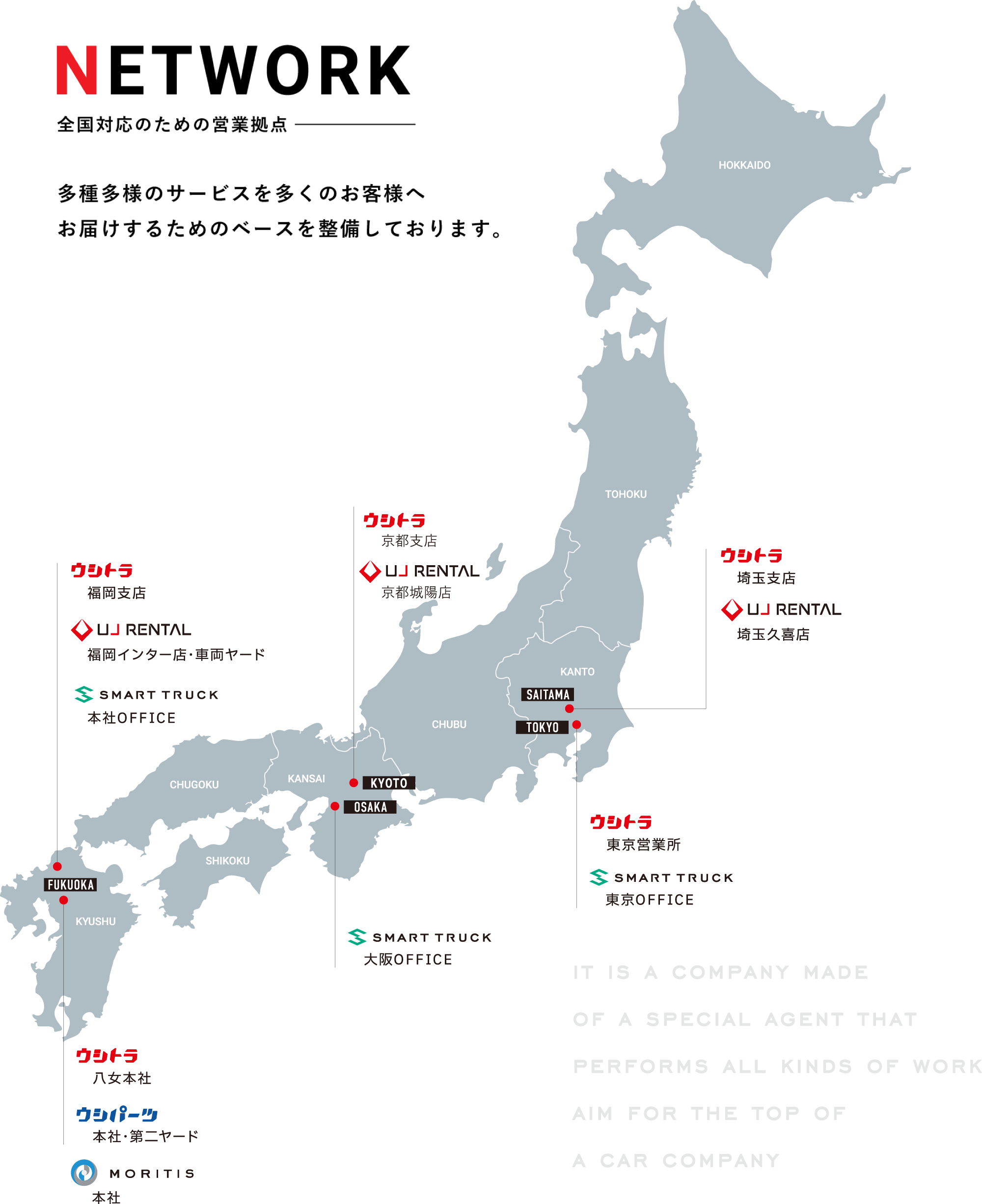全国対応のための営業拠点。多種多様のサービスを多くのお客様へお届けするためのベースを整備しております。